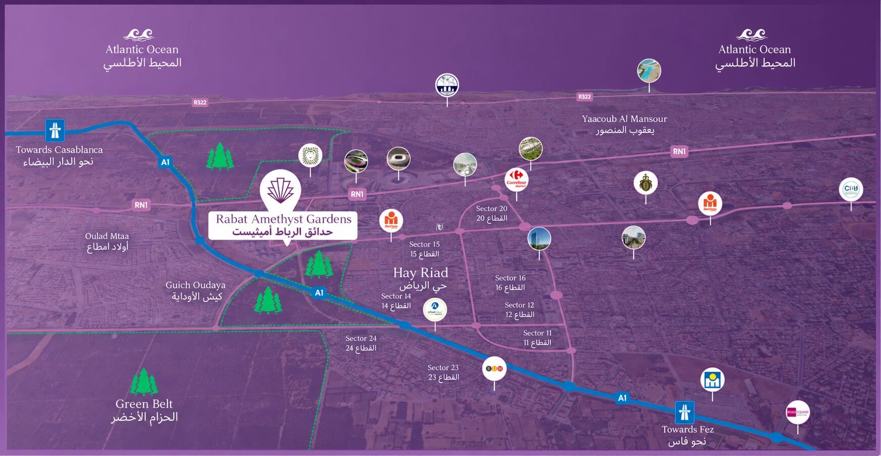 Plan de situation de Hay Riad — Rabat Amethyst Gardens et son environnement : océan Atlantique, ceinture verte, secteurs de Hay Riad, accès autoroute A1 (Casablanca / Fès) et axes RN1 · R322, commerces et équipements majeurs de Rabat.
