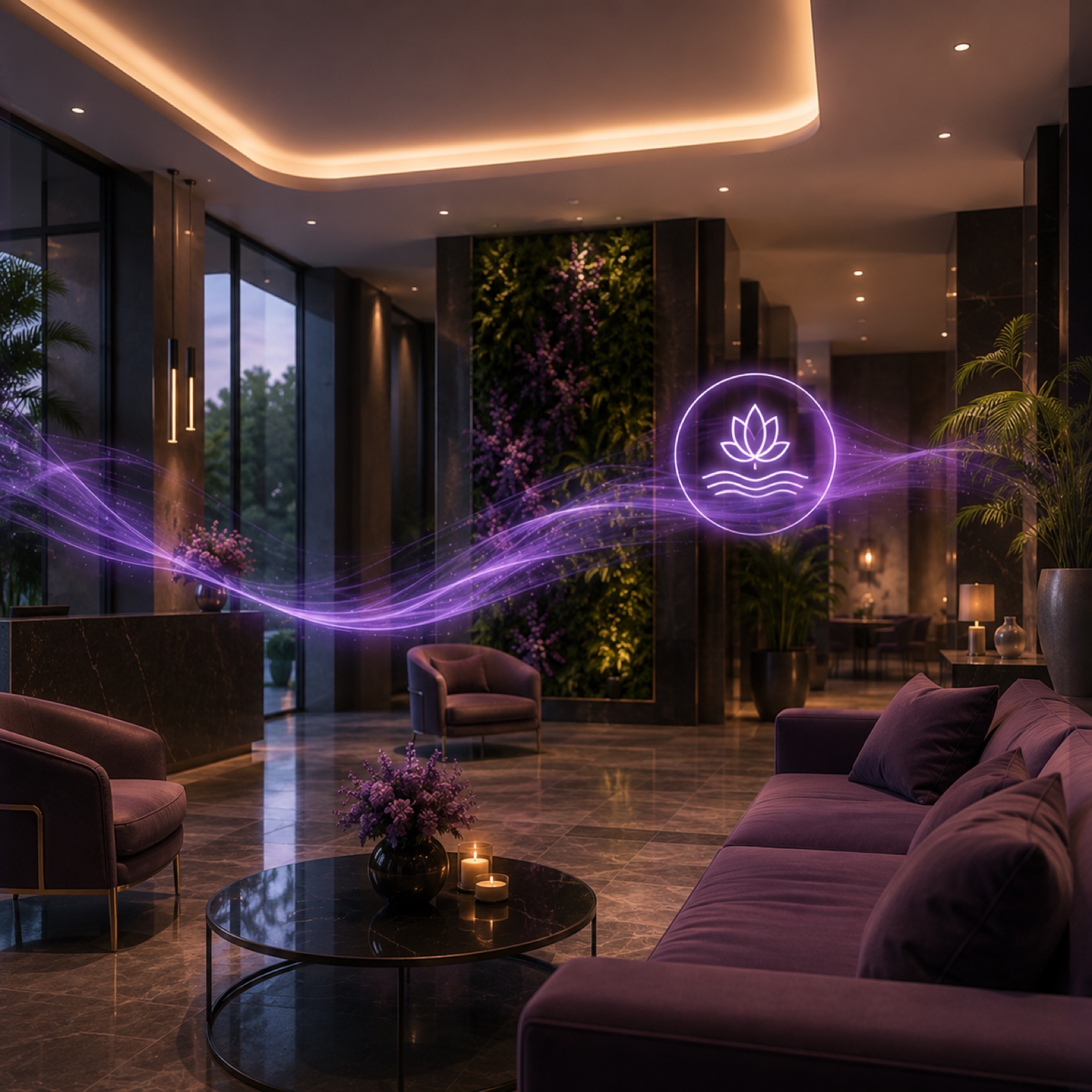 Smart Confort — lobby ambient avec diffusion d'huiles essentielles et signature lumineuse améthyste