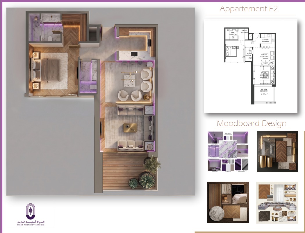 Plan, rendu 3D et moodboard design — Appartement F2 · 1 chambre · 81 m²