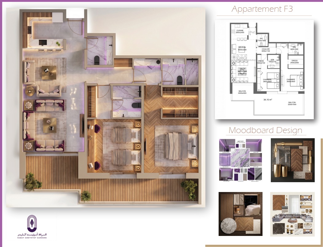 Plan, rendu 3D et moodboard design — Appartement F3 · 2 chambres · 110 m²