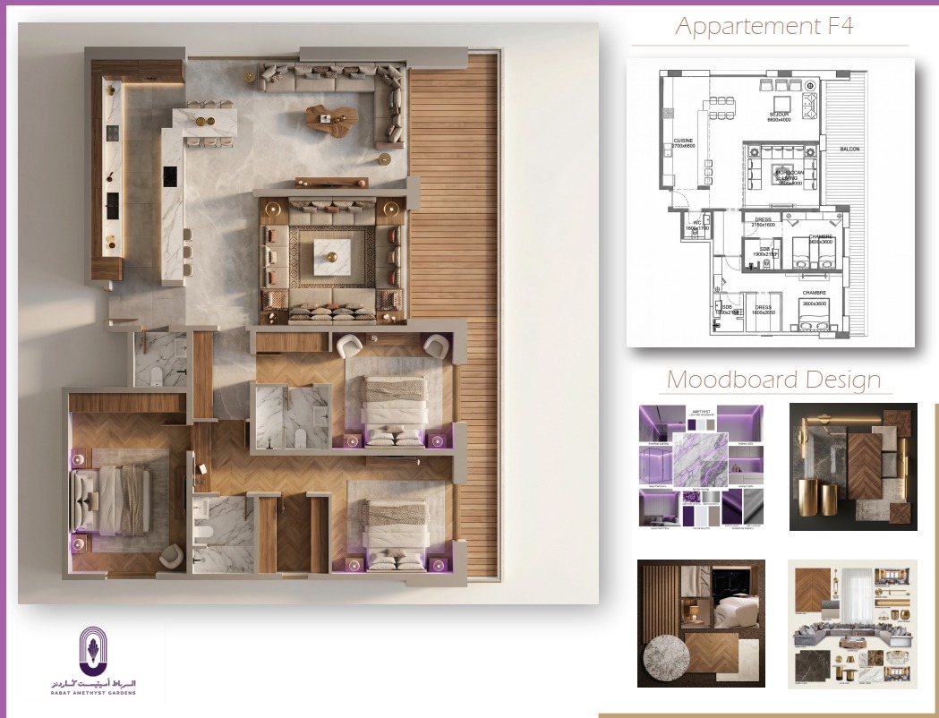 Plan, rendu 3D et moodboard design — Appartement F4 · 3 chambres · 138 m²