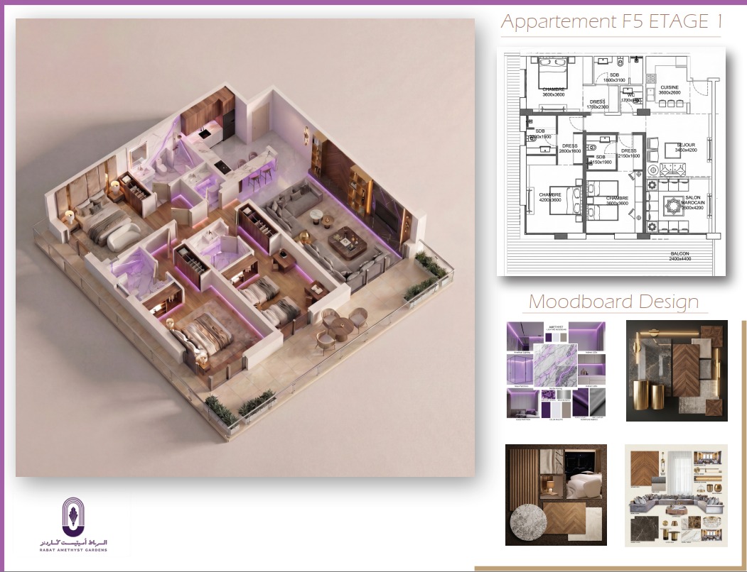 Plan, rendu 3D et moodboard design — Appartement F5 · Étage 1 · 3 chambres + helper · 166 m²